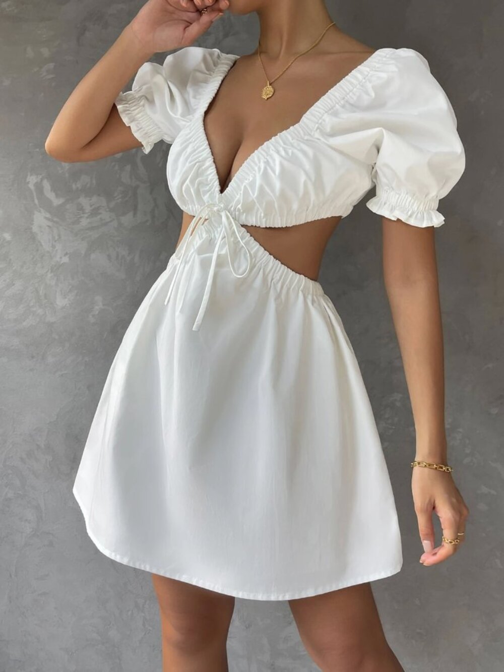 H&M White Cut-Out Puff Sleeve Mini Dress - Size XL